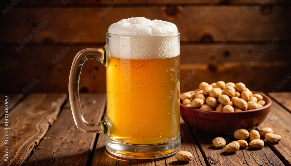 Beer mug with frothy head and peanuts on wooden table