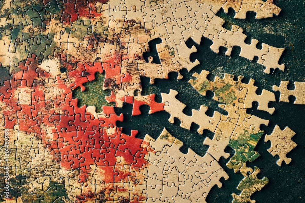 Fototapeta premium finding solution for a problem, analysis concept with top view of jigsaw puzzle pieces 