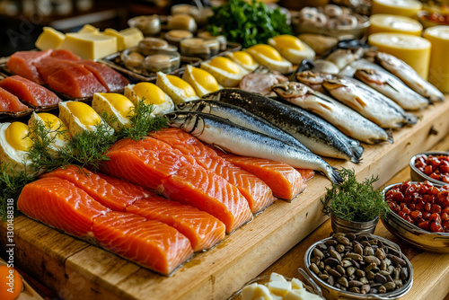 A variety of different types of fish on a wooden cutting board