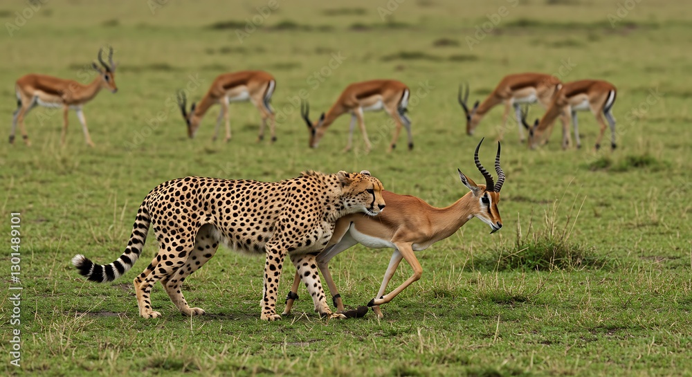Obraz premium Cheetah and Impala in Serengeti: A Dramatic Wildlife Encounter