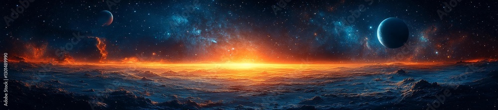 Fototapeta premium Fiery Horizon with Cosmic Clouds and Planets. Generative AI