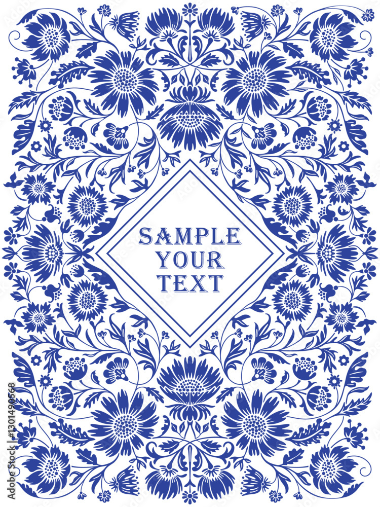 Antique frame in Art Nouveau style with a pattern of flowers, buds, leaves and branches. Vintage style concept. Handmade drawing vector illustration.