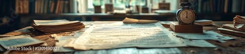 Chaotic Desk Scene with Torn Business Contracts and Office Clutter. Generative AI