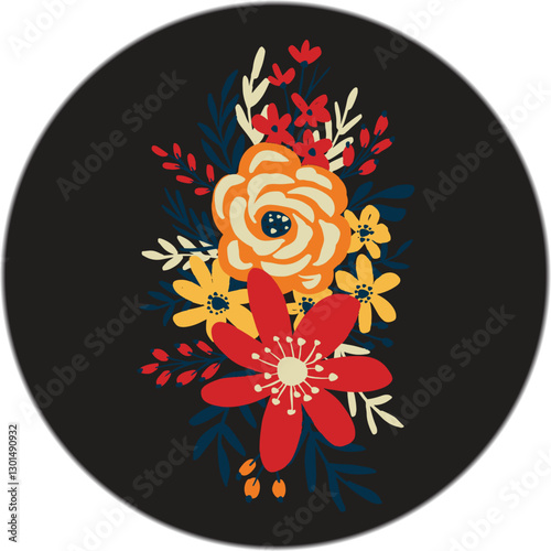 Bold Floral Design Featuring Red, Yellow, Blue