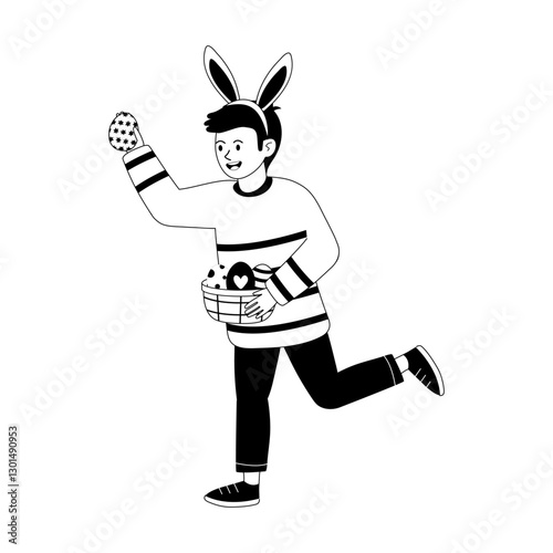 Child wearing bunny ears happily running with an Easter basket filled with eggs