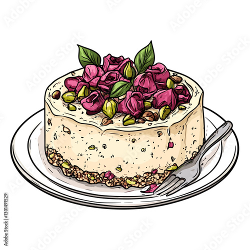 Hand-Drawn Persian Halva Dessert with Rose Petals and Pistachios
