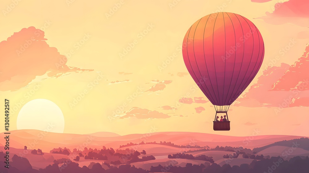 Fototapeta premium Balloon ride over rolling hills at sunset. Adventure, travel, getaway, peace, illustration