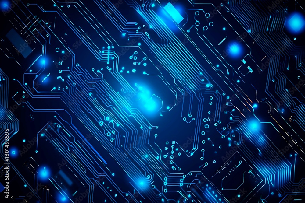 Abstract close-up of a glowing blue digital circuit board, showcasing intricate connections and technological design on a black background.
