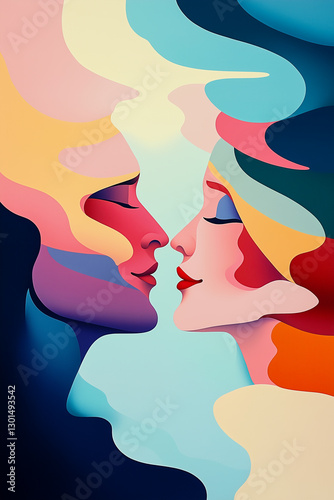 Two women are kissing each other in a painting