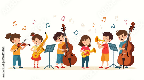 Cartoon Children Playing Musical Instruments, Joyful Youth Orchestra Illustration
