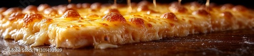 A close-up of a golden bubbly pizza crust with melted cheese leaving space for text banner copy space wide panoramic. Generative AI