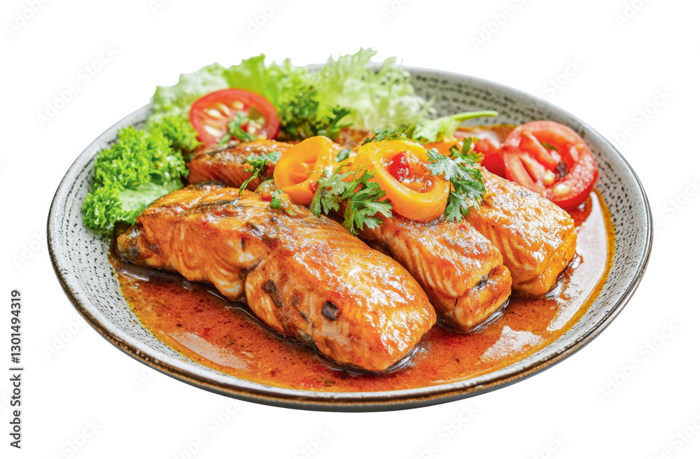 Delicious grilled salmon fillets with fresh herbs and vegetables served on a round plate for a gourmet meal, cut out Delicious grilled salmon fillets with fresh herbs and vegetables served on a round plate for a gourmet meal, cut out