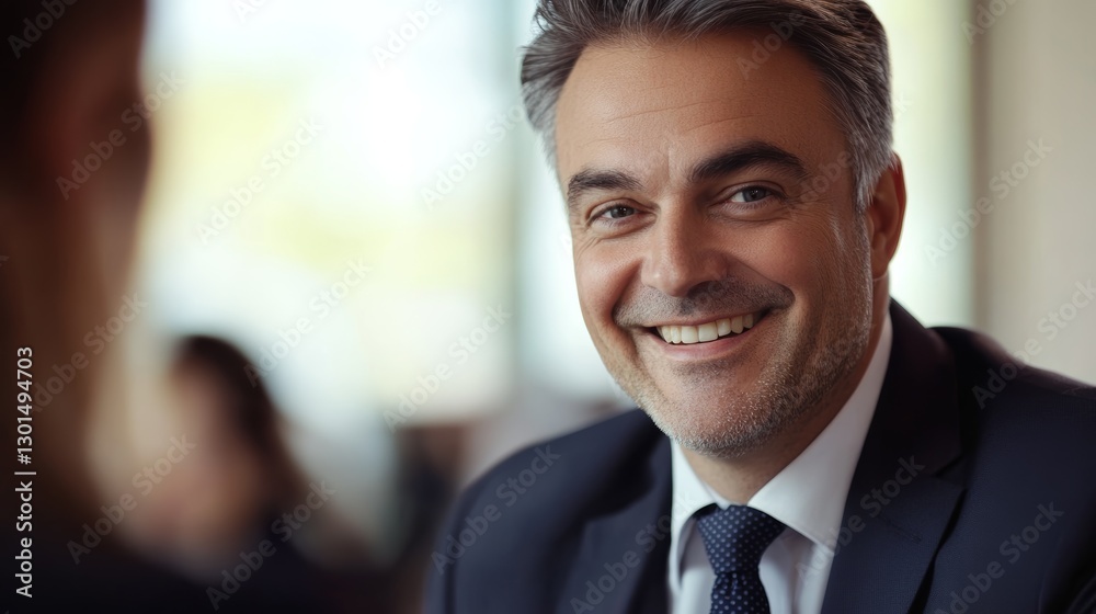 Businessman Smiling While Discussing Sales With Team Businessman Smiling While Discussing Sales With Team