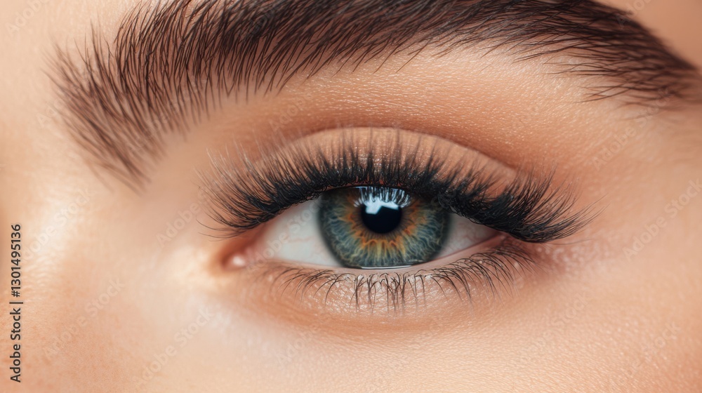 Detailed macro shot of a green eye with thick, curled black and blue lashes, natural makeup, and sharp focus on the iris, set against a soft, neutral background. Detailed macro shot of a green eye with thick, curled black and blue lashes, natural makeup, and sharp focus on the iris, set against a soft, neutral background.