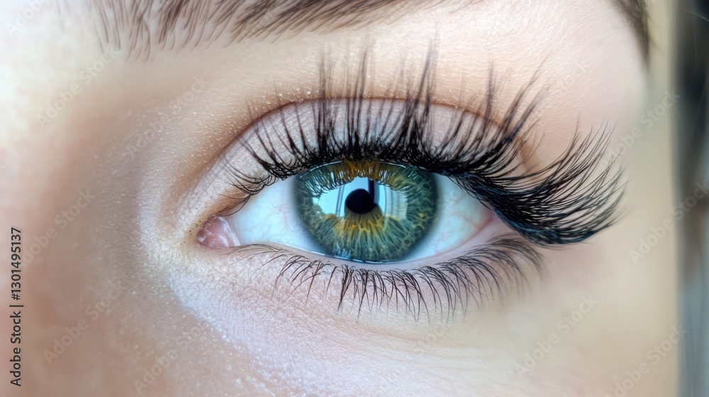 Detailed macro shot of a green eye with thick, curled black and blue lashes, natural makeup, and sharp focus on the iris, set against a soft, neutral background. Detailed macro shot of a green eye with thick, curled black and blue lashes, natural makeup, and sharp focus on the iris, set against a soft, neutral background.