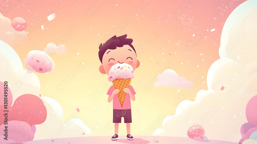 Boy enjoying ice cream with dreamy clouds. Great for children's illustrations, ads, or web design Boy enjoying ice cream with dreamy clouds. Great for children's illustrations, ads, or web design