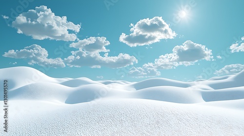 Sunny day over snowy, rolling hills