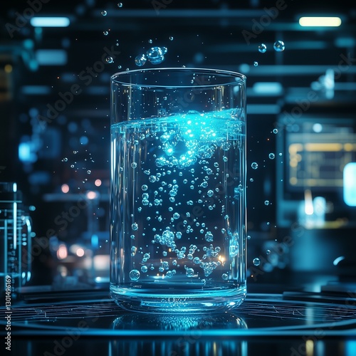 A sci-fi inspired drink in a simple glass radiates a neon blue glow. Floating particles suggest molecular mixology, futuristic gastronomy, and cyberpunk energy-infused beverages photo