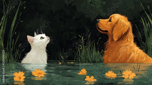 Cat and dog in tranquil pond