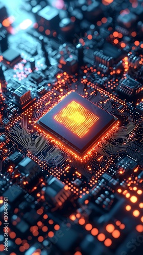 Glowing CPU on Circuit Board Texture Background