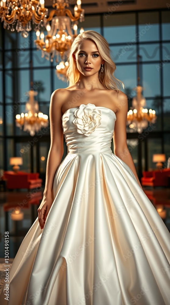 Naklejka premium A high-fashion cinematic portrait: a stunning blonde Bride woman with delicate features and fair skin, wearing a deep-white satin ball gown With a big beautiful flower on the front of the dress.