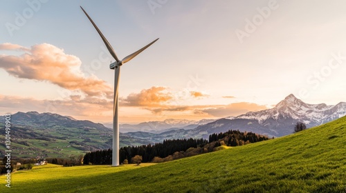 Wind Turbine on Green Hillside with Mountains in the Background at Sunset