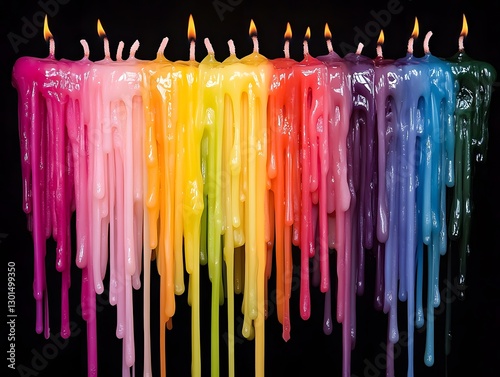 Dripping wax structure drops in different colors on a candle photo