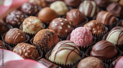 Close-up. Box of assorted gourmet chocolates with pink ribbon. photo