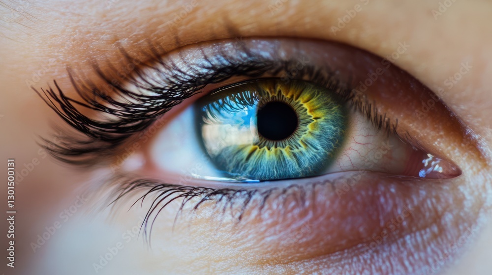 Obraz premium Ultra-HD macro shot of a green eye with dramatic, curled black and blue lashes, vibrant iris details, soft lighting, and a clean, natural look