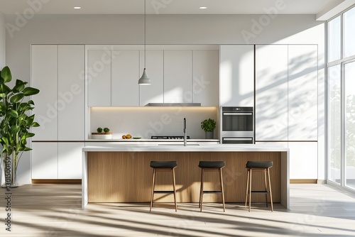 Obraz na płótnie Modern kitchen interior with island, appliances, and mockup wall space. AI generated illustration. w salonie