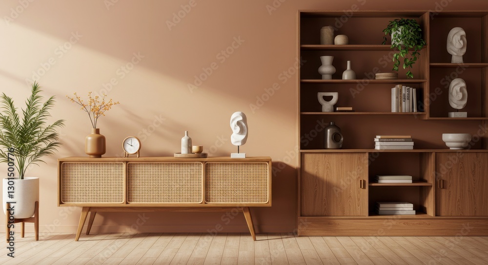 Fototapeta premium A warm and inviting living room featuring a soft peach accent wall complemented by wooden elements