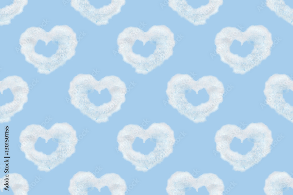 Seamless pattern of heart shaped clouds. Background of watercolor clouds on a blue sky.