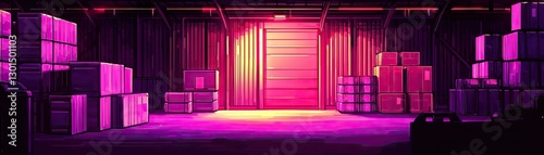 Warehouse Interior, Magenta Glow, Boxes, Empty photo