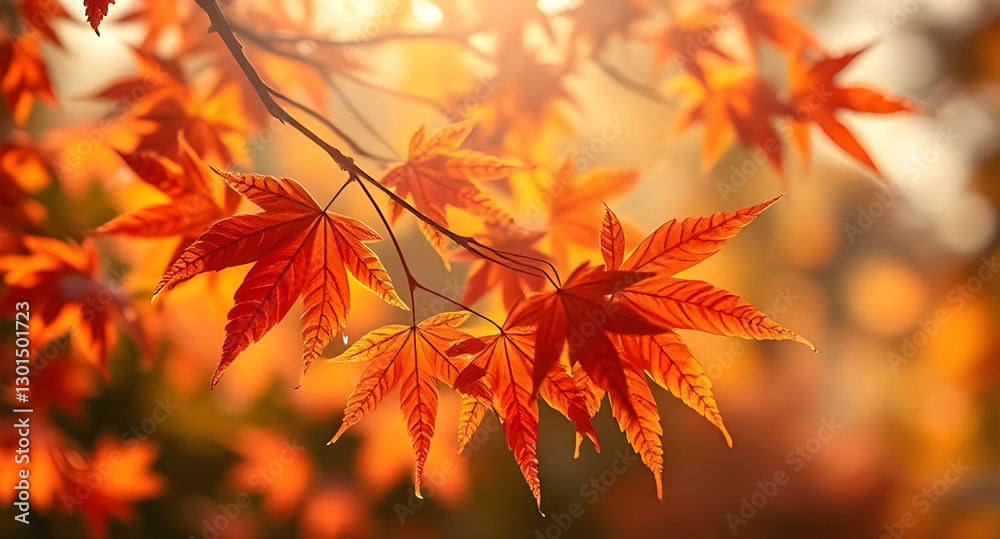 Autumn maple leaves, vibrant orange and red foliage, soft focus background Autumn maple leaves, vibrant orange and red foliage, soft focus background
