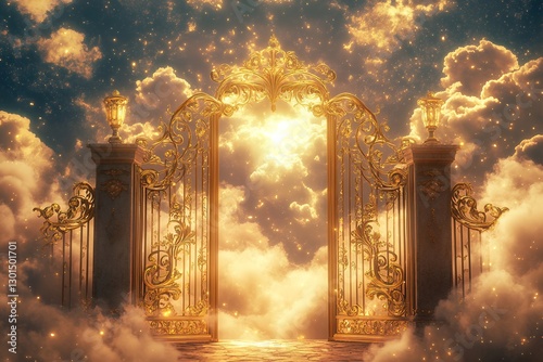 Golden heavenly gates amidst cloudy skies with radiant light