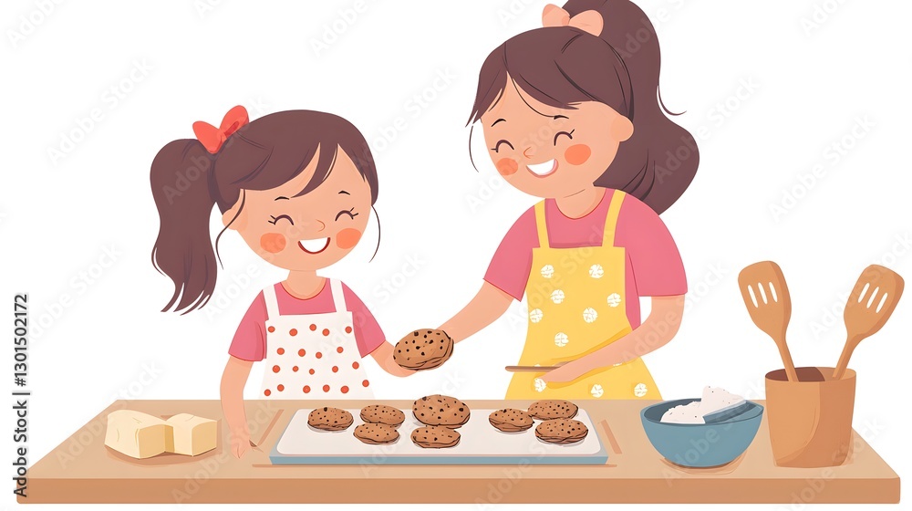 Child bakes cookies with mom in the kitchen. Utensils in the background for recipes and baking Child bakes cookies with mom in the kitchen. Utensils in the background for recipes and baking