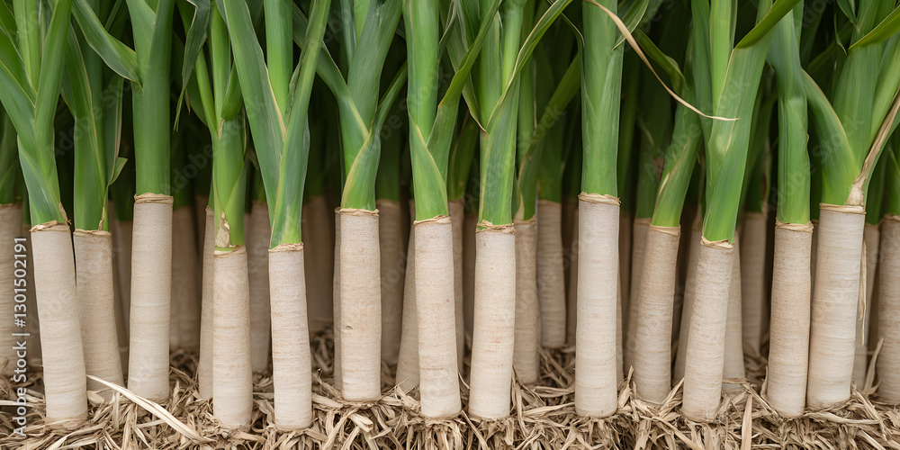 Fototapeta premium A close up shot of a group of fresh leeks, still growing in their natural environment, showcasing their vibrant green tops and pale bottoms.