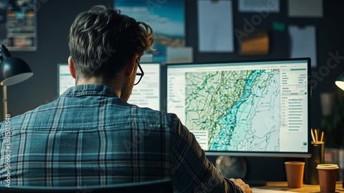 Man Working on Map Design,  Cartography Professional at Computer