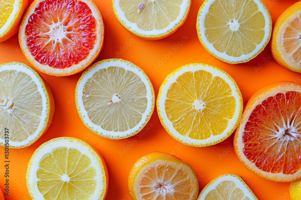 Fototapeta premium Fresh citrus fruit slices arranged on orange.