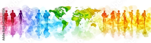 Global people silhouettes world map watercolor background