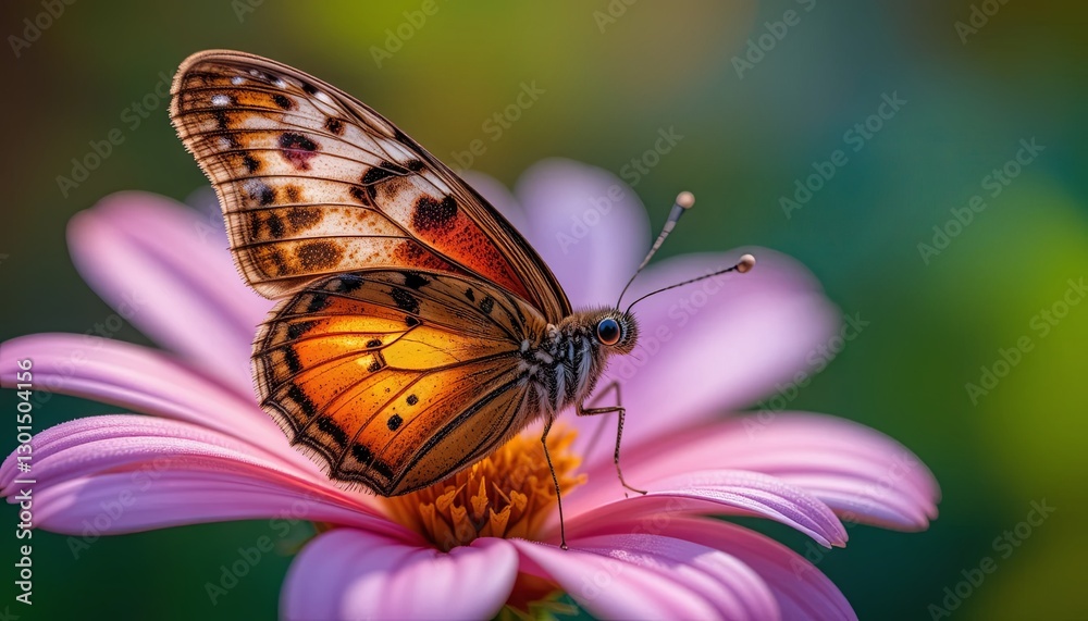 Obraz premium Butterfly feeding on pink flower garden nature photography vibrant setting close-up view beauty of life