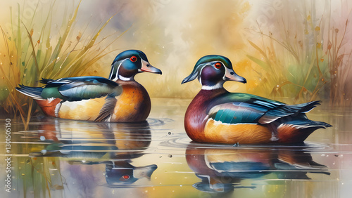 Colorful Woods Ducks Swimming on A Pond