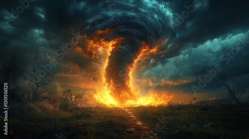 Fiery tornado wreaks havoc on an open landscape igniting the environment in its path. Generative AI