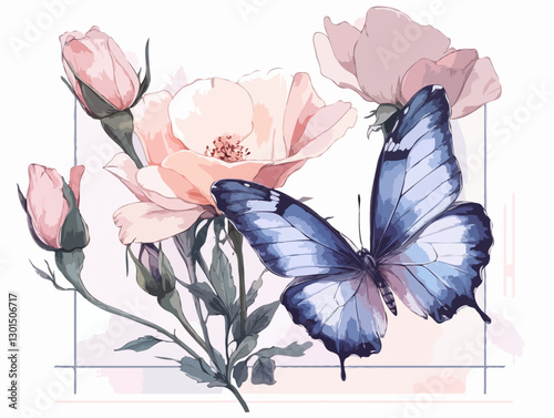 Butterflies with roses On a delicate background