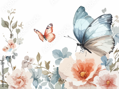 Watercolor Roses Butterflies Delicate with Copy Space