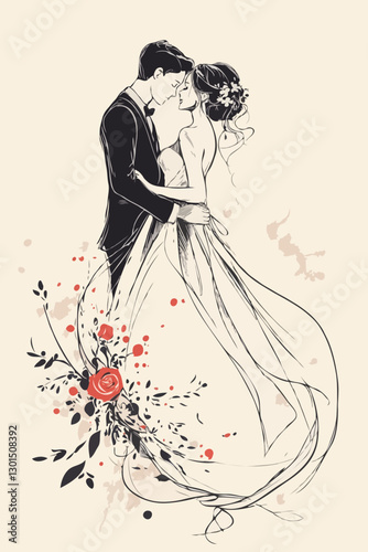 Minimalist illustration of a wedding couple with flowers