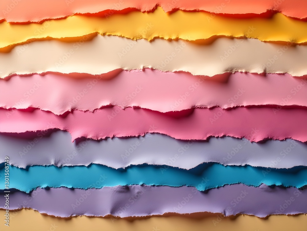 Layers of torn paper in vibrant hues come together to form an eye catching textured background ideal for artistic mockups and design inspiration. Layers of torn paper in vibrant hues come together to form an eye catching textured background ideal for artistic mockups and design inspiration.