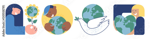Earth Day! People caring about planet,  heart-shaped earth, dove with globe. Design on the theme of saving the planet. Hand drawn vector illustration