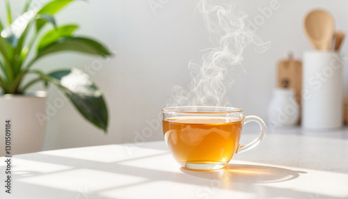 Steaming tea in clear cup on white table, morning serenity