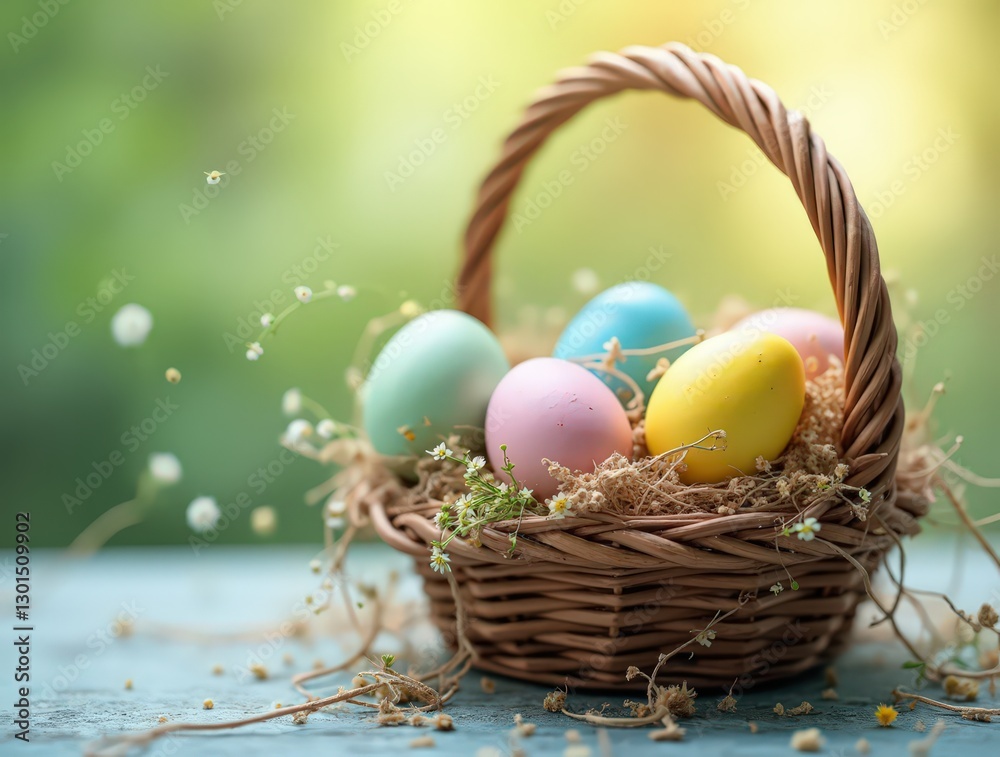 Obraz premium Rustic Basket of Pastel Easter Eggs 